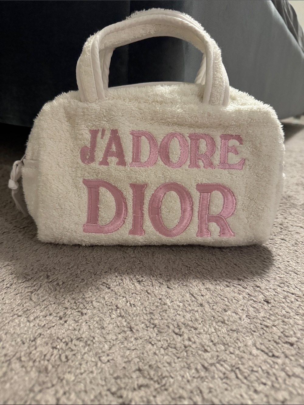 Y2K Dior J'Adore Plush Mini Tote Bag in Cream with Pink Logo